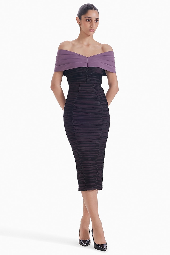 Lilac & Black Jersey & Tulle Bodycon Midi Cocktail Dress by Sameer Madan at Pernia's Pop Up Shop