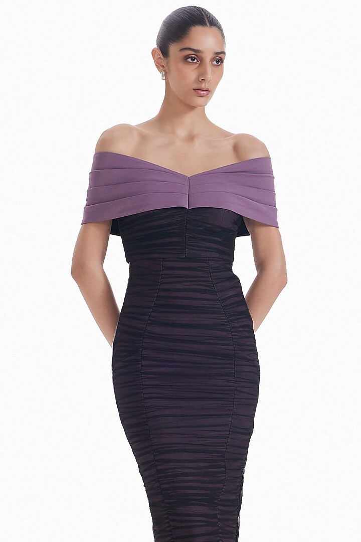 Lilac & Black Jersey & Tulle Bodycon Midi Cocktail Dress by Sameer Madan at Pernia's Pop Up Shop