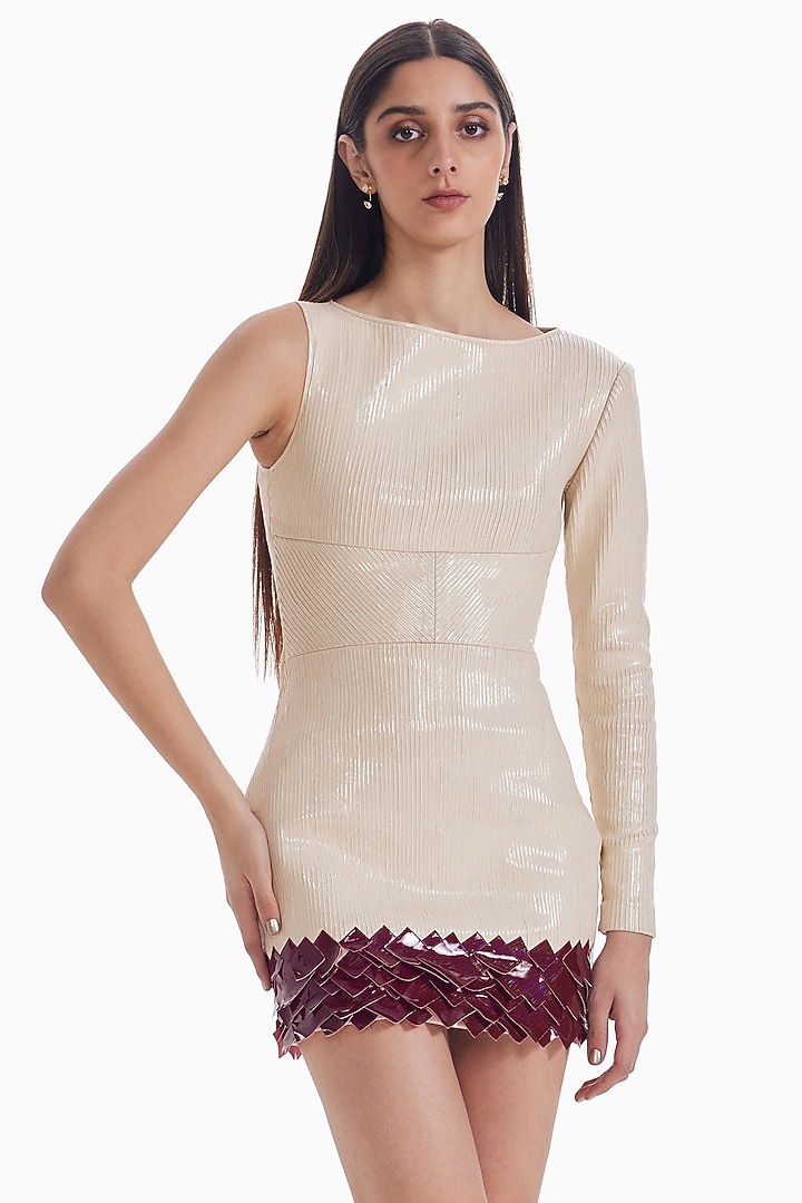 Almond & Maroon Jersey Faux Leather Embellished Bodycon Mini Cocktail Dress by Sameer Madan at Pernia's Pop Up Shop