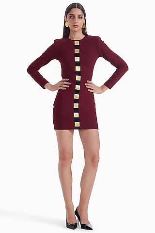 Maroon Luxury Jersey Embellishment Bodycon Mini Dress by Sameer Madan