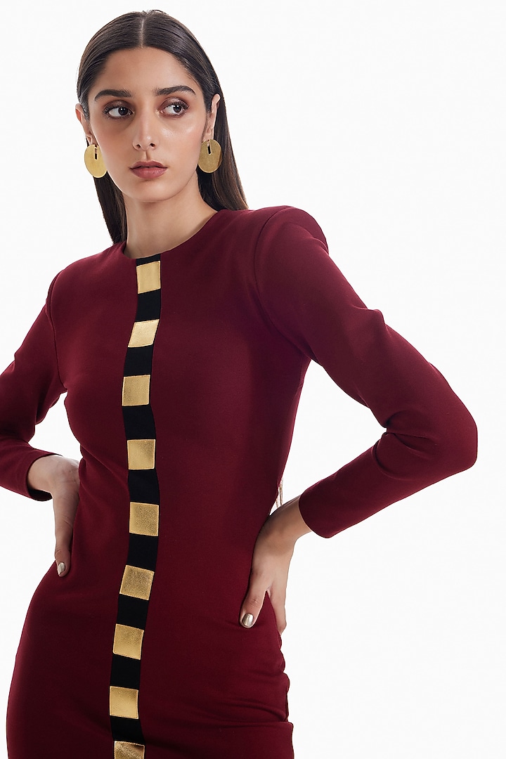 Maroon Luxury Jersey Embellishment Bodycon Mini Vacation Dress by Sameer Madan at Pernia's Pop Up Shop