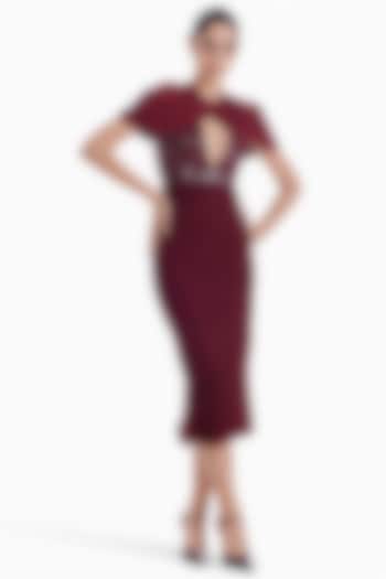 Maroon Luxury Jersey & Tulle Bodycon Cocktail Dress by Sameer Madan at Pernia's Pop Up Shop