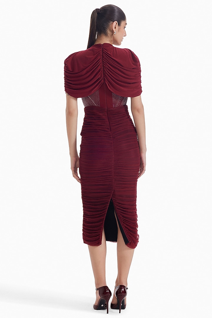 Maroon Luxury Jersey & Tulle Bodycon Cocktail Dress by Sameer Madan at Pernia's Pop Up Shop