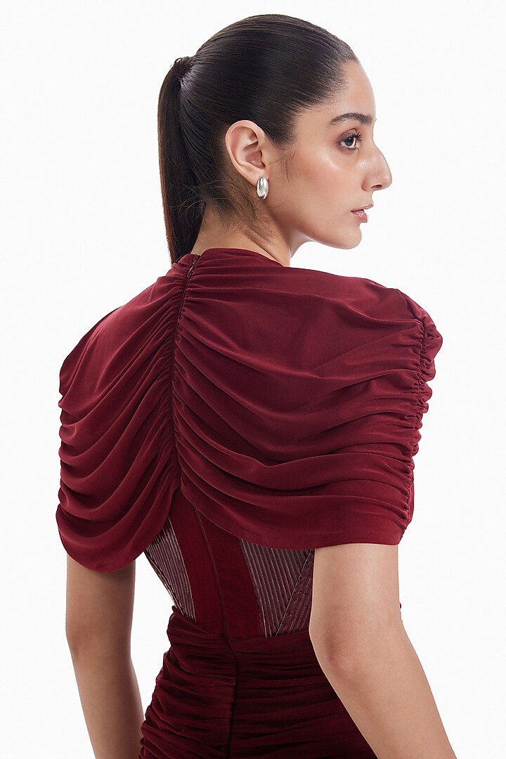 Maroon Luxury Jersey & Tulle Bodycon Cocktail Dress by Sameer Madan at Pernia's Pop Up Shop