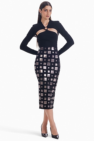 Black Gunmetal Luxury Jersey Bodycon Mini Dress by Sameer Madan