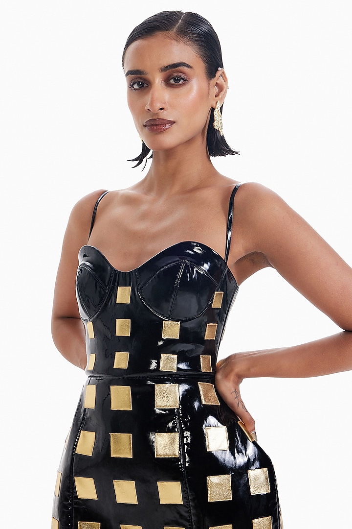 Black & Gold Faux Leather Applique Mini Cocktail Dress by Sameer Madan at Pernia's Pop Up Shop