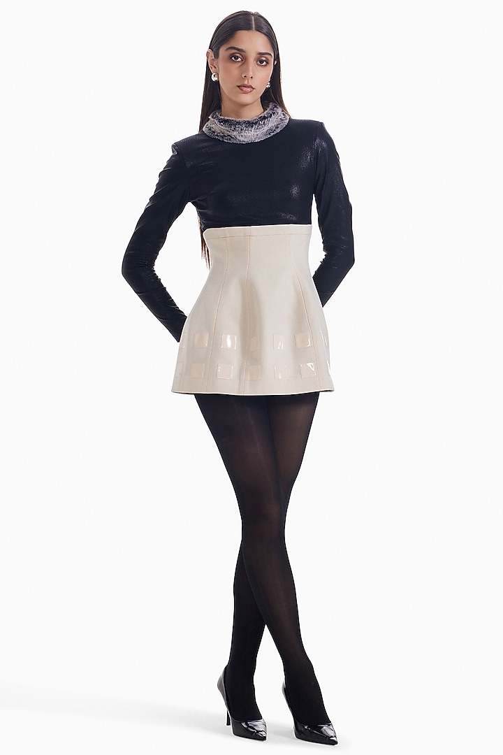 Black & Almond Luxury Felt & Faux Fur Mini Cocktail Dress by Sameer Madan at Pernia's Pop Up Shop