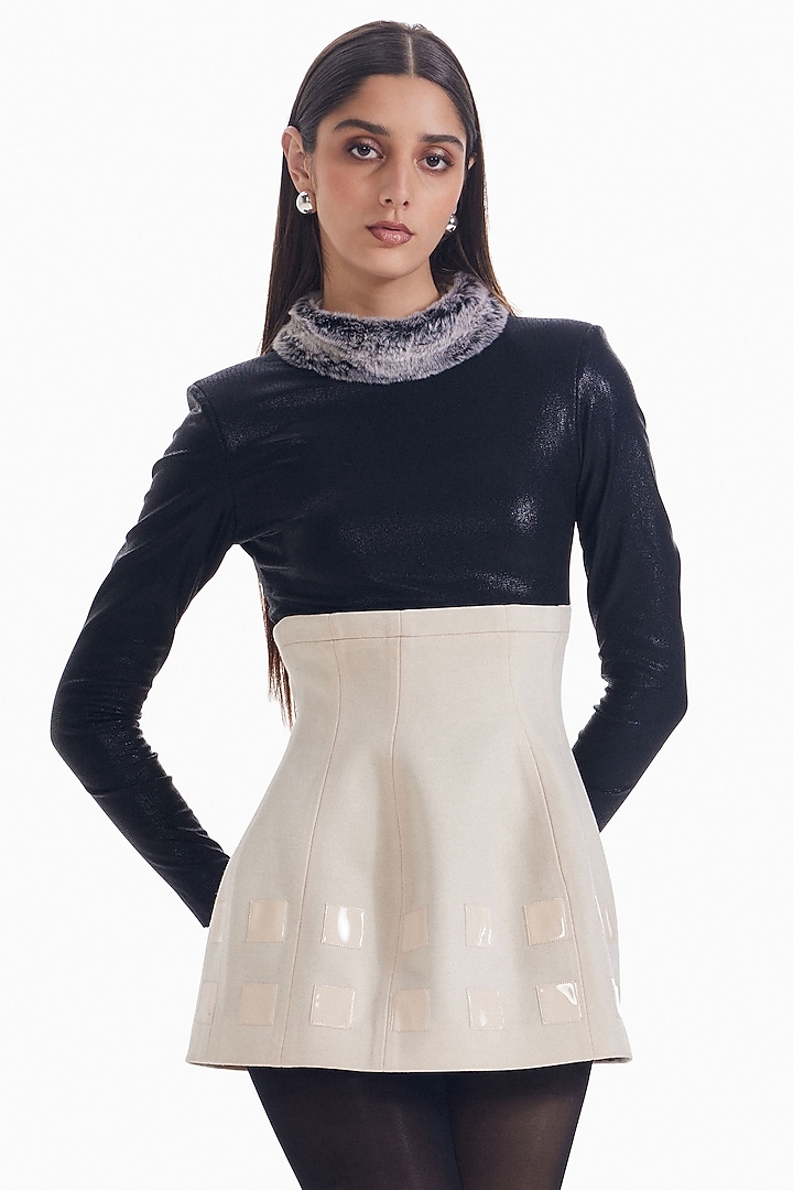 Black & Almond Luxury Felt & Faux Fur Mini Cocktail Dress by Sameer Madan at Pernia's Pop Up Shop