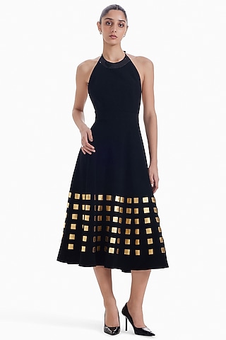 Black & Gold Luxury Crepe Midi Dress by Sameer Madan