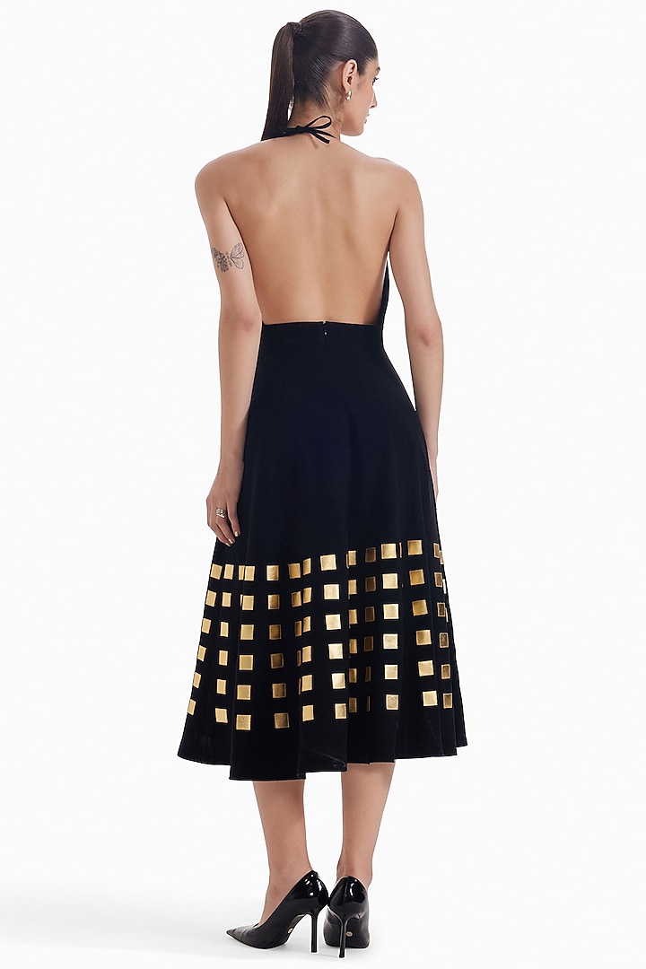 Black & Gold Luxury Crepe Midi Cocktail Dress by Sameer Madan at Pernia's Pop Up Shop