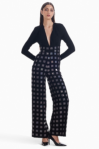 Black & Grey Luxury Crepe Jumpsuit by Sameer Madan