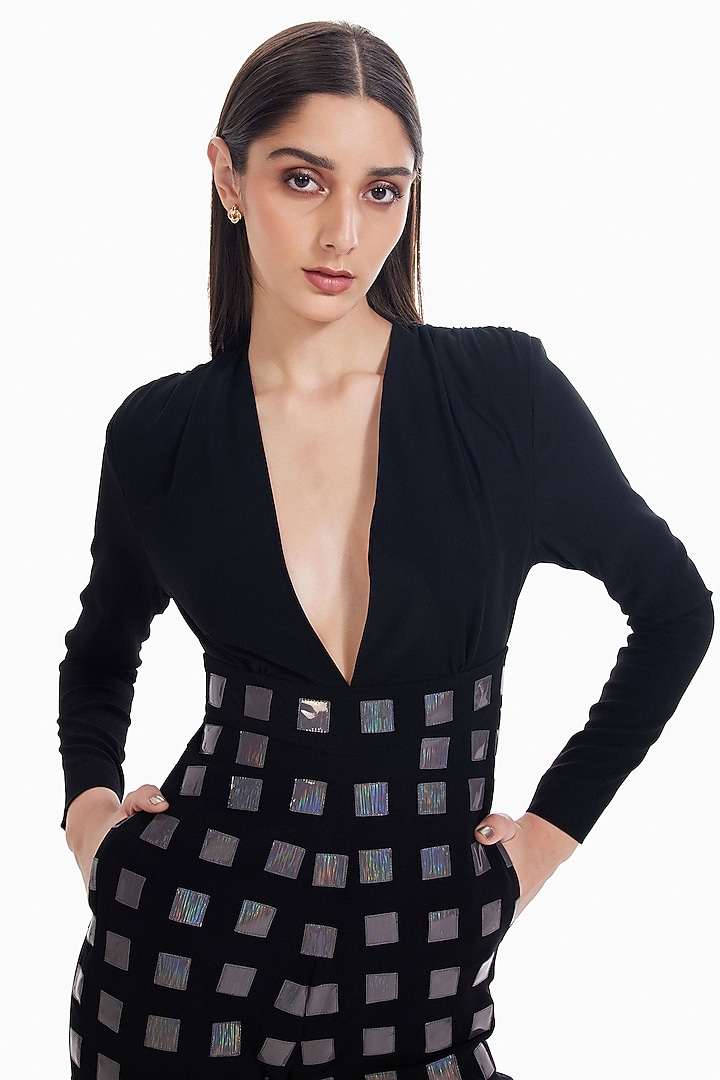 Black & Grey Luxury Crepe Jumpsuit by Sameer Madan at Pernia's Pop Up Shop