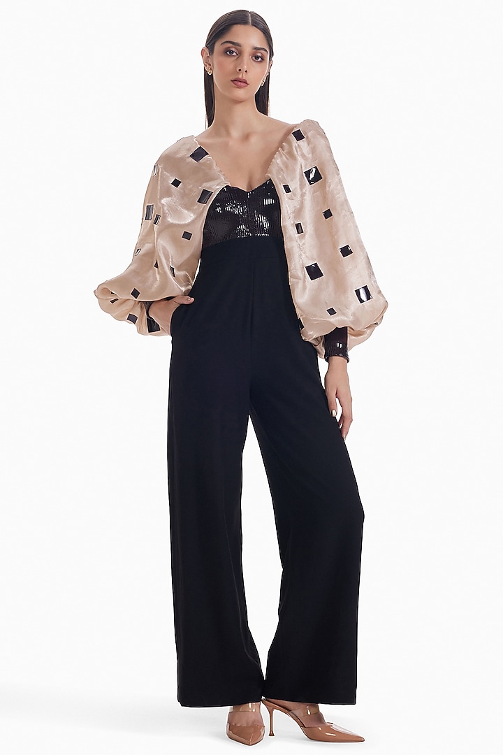 Black Luxury Crepe & Organza Jumpsuit by Sameer Madan at Pernia's Pop Up Shop