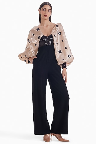 Black Luxury Crepe & Organza Jumpsuit by Sameer Madan