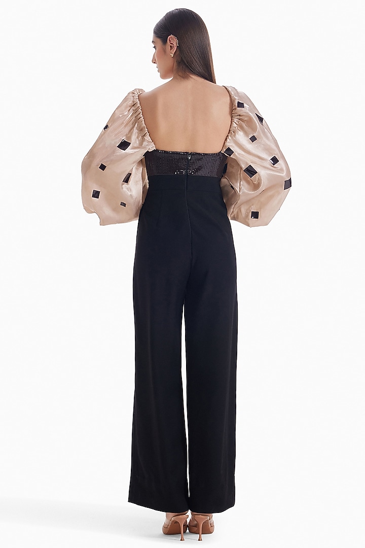 Black Luxury Crepe & Organza Jumpsuit by Sameer Madan at Pernia's Pop Up Shop