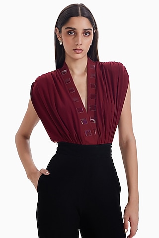 Maroon Luxury Lycra Embellished Bodysuit by Sameer Madan