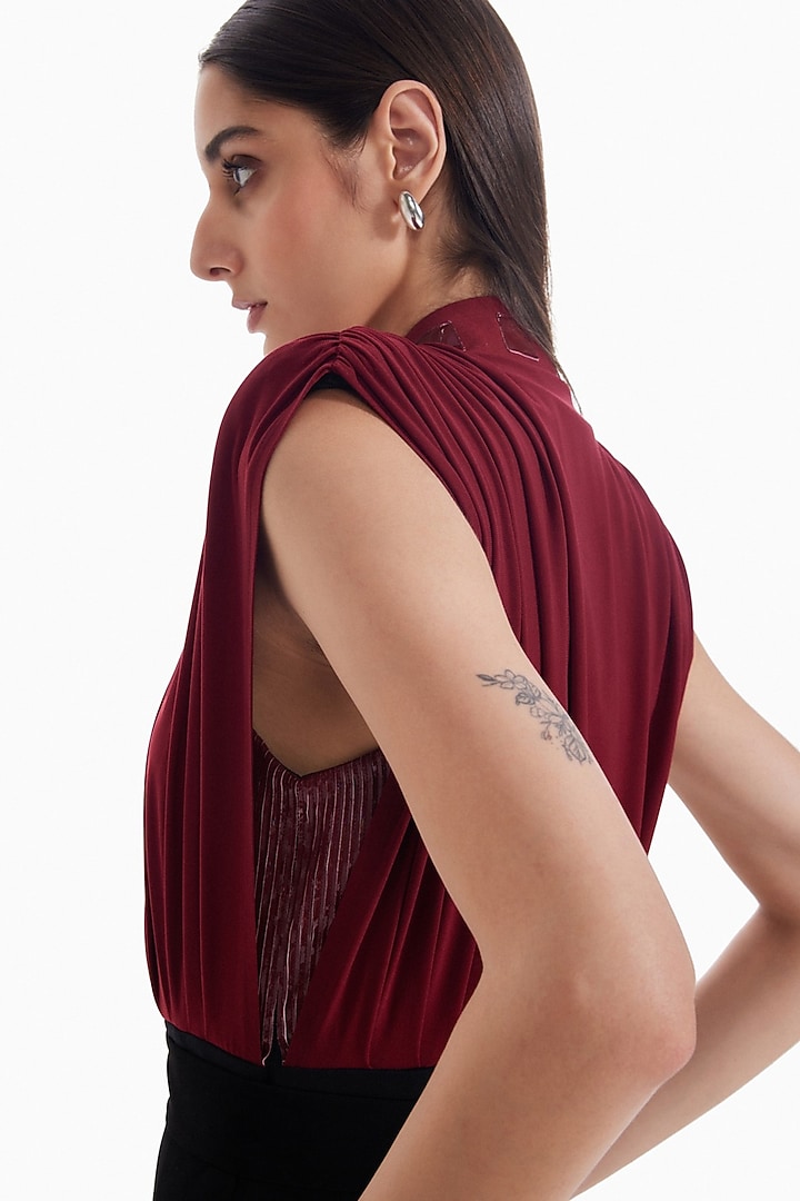 Maroon Luxury Lycra Embellished Bodysuit by Sameer Madan at Pernia's Pop Up Shop
