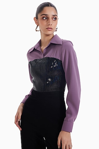 Lilac & Black Luxury Crepe Bodysuit by Sameer Madan