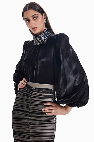 Black Luxury Organza & Faux Fur Bodysuit by Sameer Madan