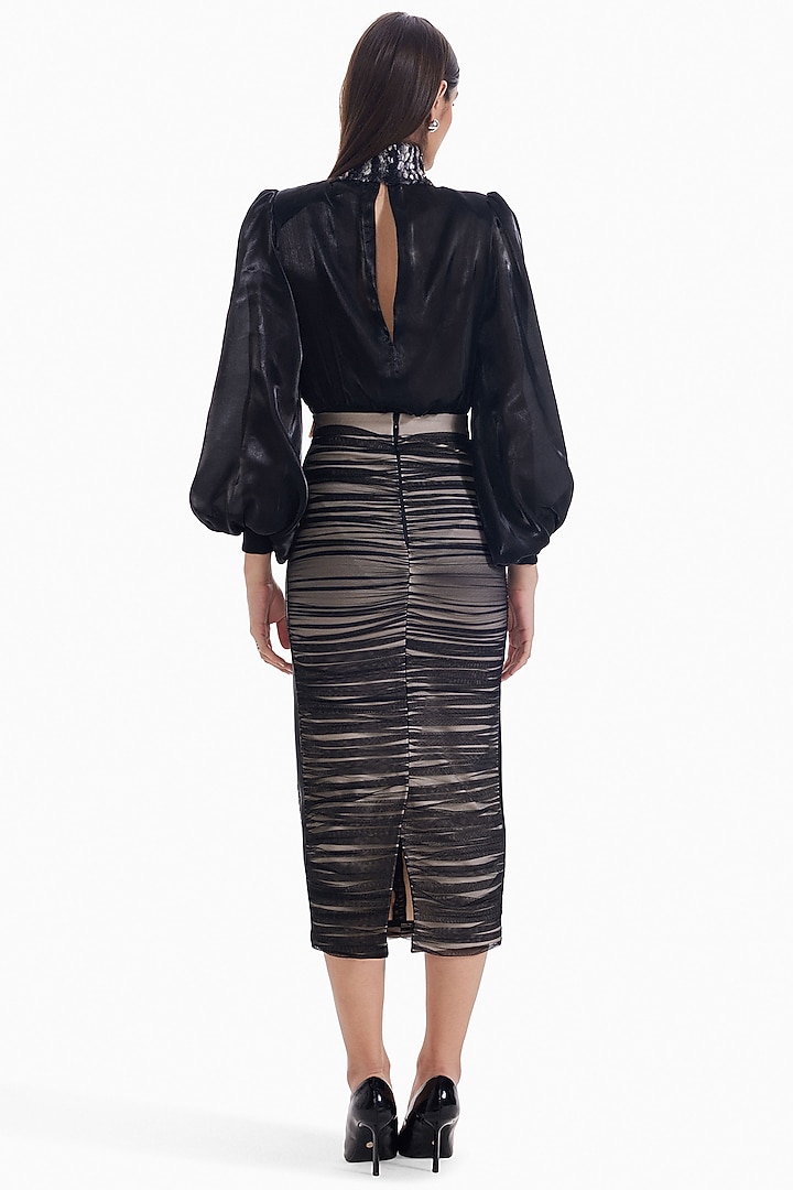 Black Luxury Organza & Faux Fur Bodysuit by Sameer Madan at Pernia's Pop Up Shop