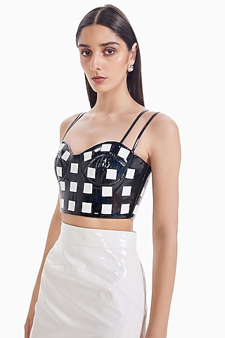 Black Faux Leather Crop Bustier by Sameer Madan