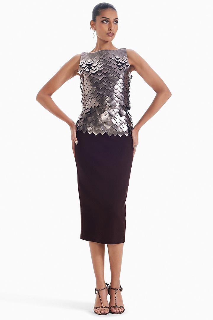 Gunmetal Luxury Crepe & Faux Leather Top by Sameer Madan at Pernia's Pop Up Shop