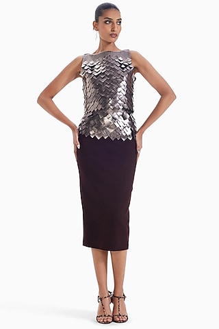 Gunmetal Luxury Crepe & Faux Leather Top by Sameer Madan
