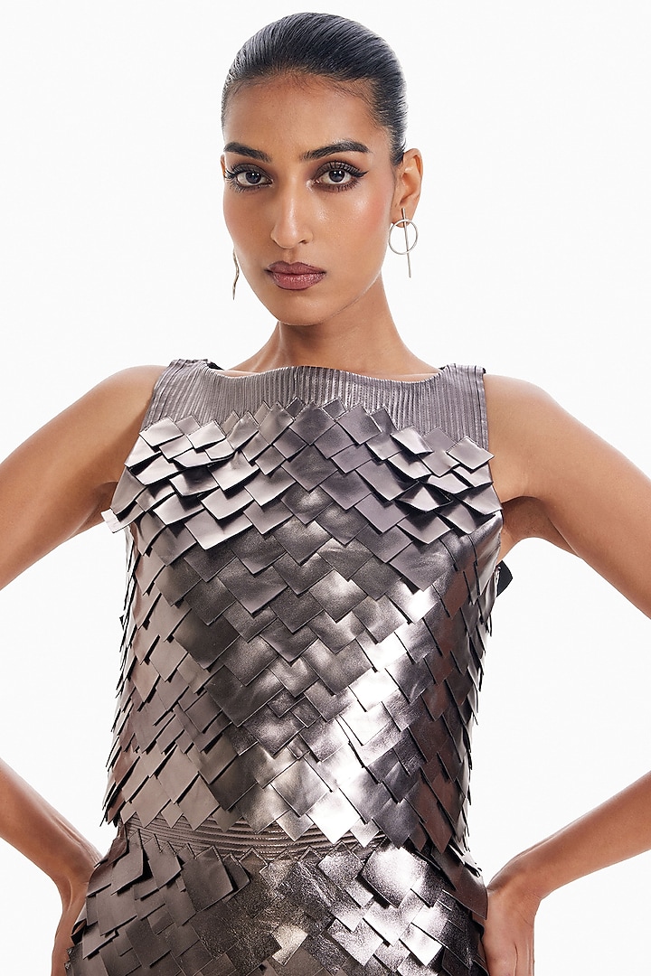 Gunmetal Luxury Crepe & Faux Leather Top by Sameer Madan at Pernia's Pop Up Shop