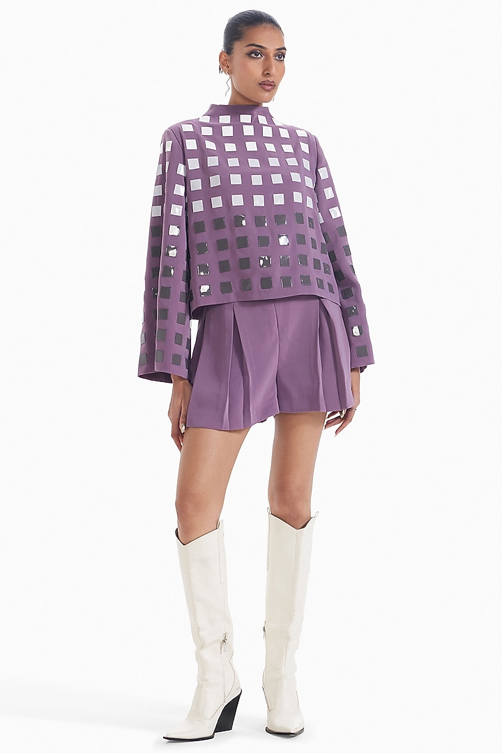 Lilac Luxury Crepe & Faux Leather Top by Sameer Madan at Pernia's Pop Up Shop