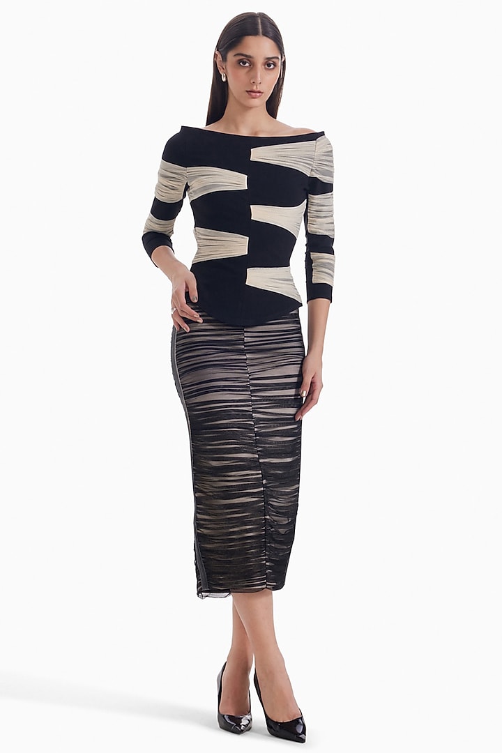 Almond & Black Luxury Jersey & Tulle Ruched Top by Sameer Madan at Pernia's Pop Up Shop