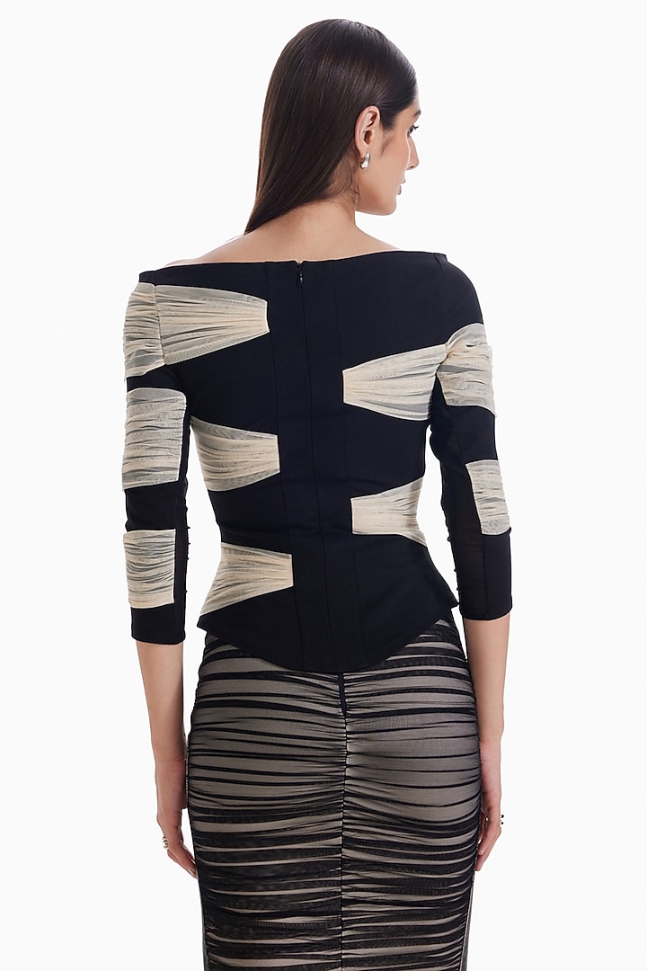 Almond & Black Luxury Jersey & Tulle Ruched Top by Sameer Madan at Pernia's Pop Up Shop