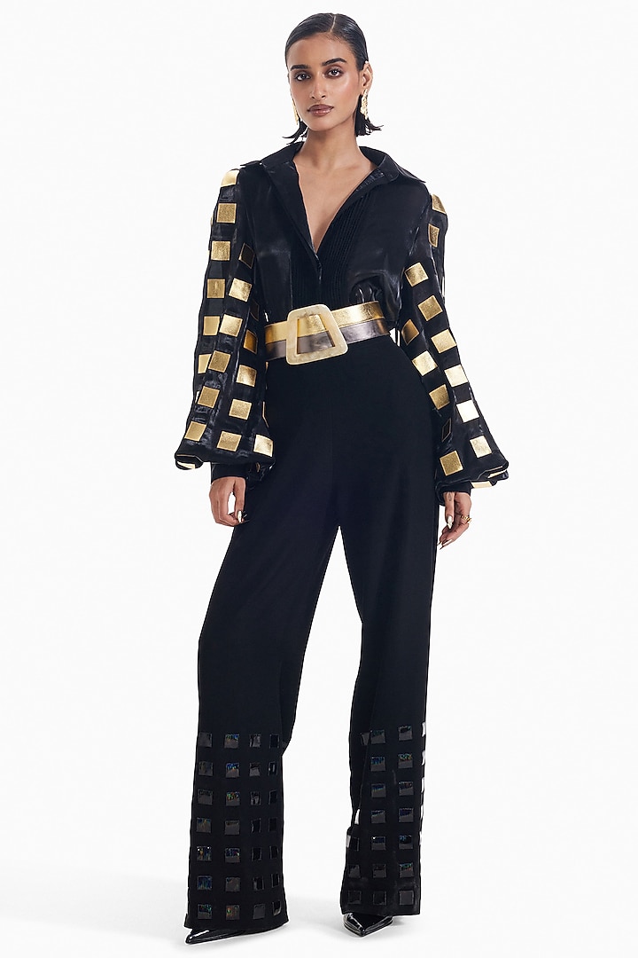 Black & Gold Luxury Organza Applique Shirt by Sameer Madan at Pernia's Pop Up Shop