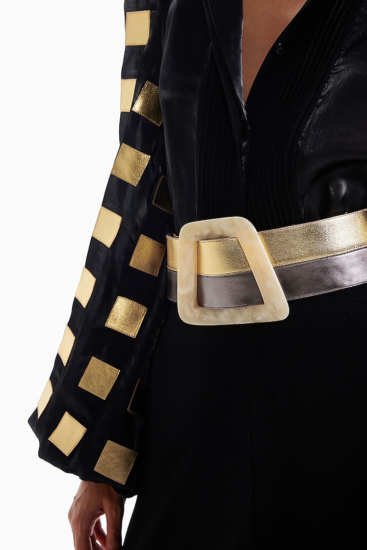 Black & Gold Luxury Organza Applique Shirt by Sameer Madan at Pernia's Pop Up Shop