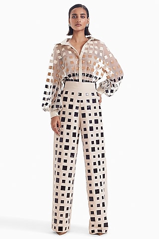 Almond & Brown Luxury Crepe High-Waisted Wide-Leg Pants by Sameer Madan
