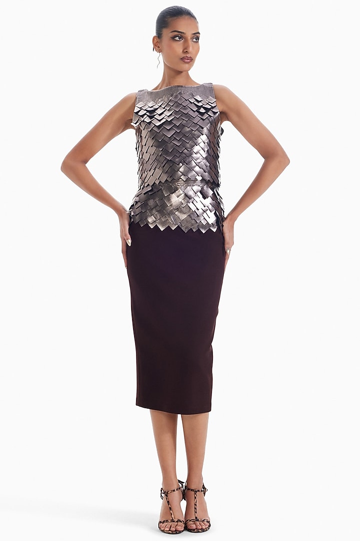 Chocolate Brown Luxury Crepe Midi Skirt by Sameer Madan at Pernia's Pop Up Shop