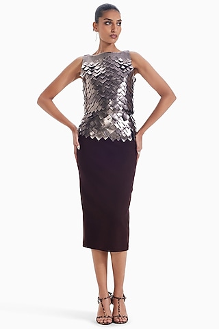 Chocolate Brown Luxury Crepe Midi Skirt by Sameer Madan