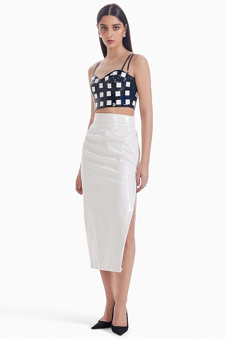 White Faux Leather Midi Skirt by Sameer Madan at Pernia's Pop Up Shop
