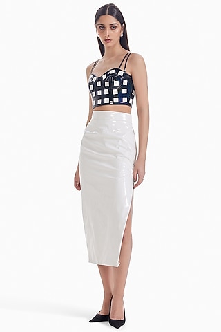 White Faux Leather Midi Skirt by Sameer Madan