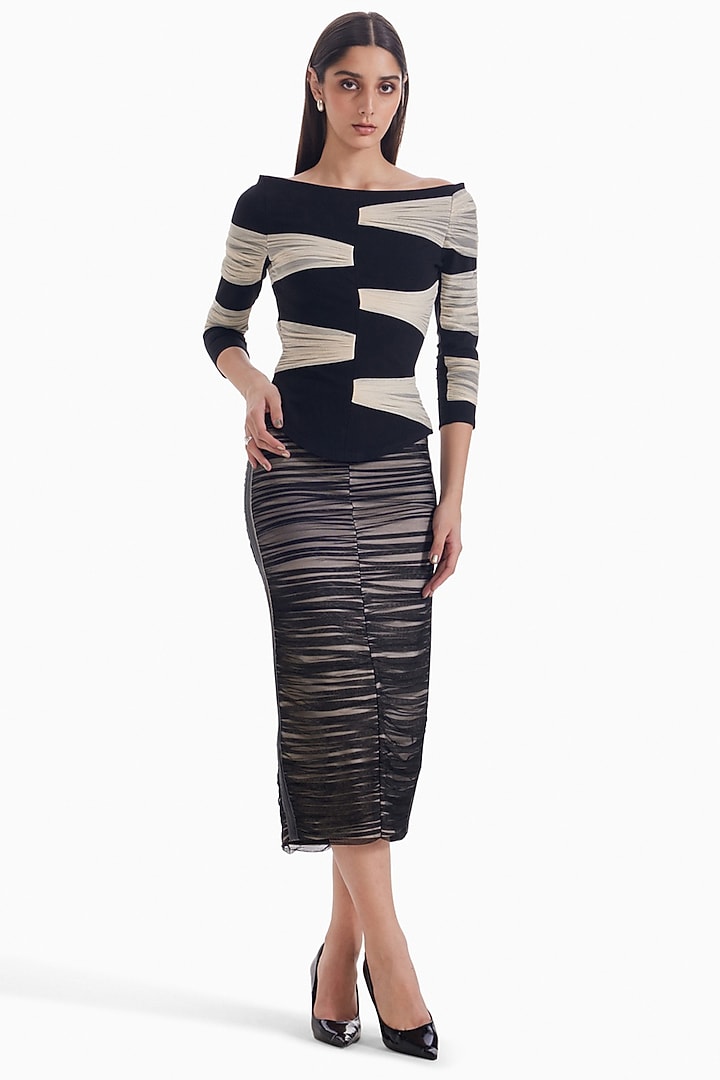 Almond & Black Luxury Tulle Pencil Midi Skirt by Sameer Madan at Pernia's Pop Up Shop