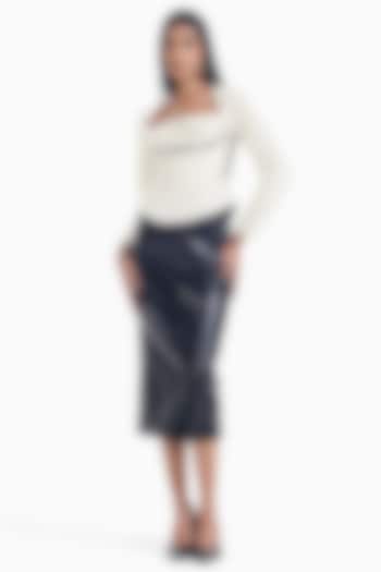 Black Faux Leather Midi Skirt by Sameer Madan at Pernia's Pop Up Shop