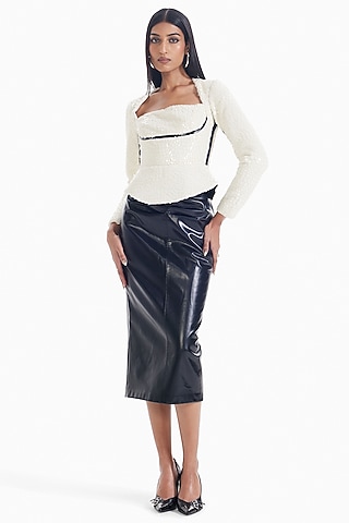 Black Faux Leather Midi Skirt by Sameer Madan