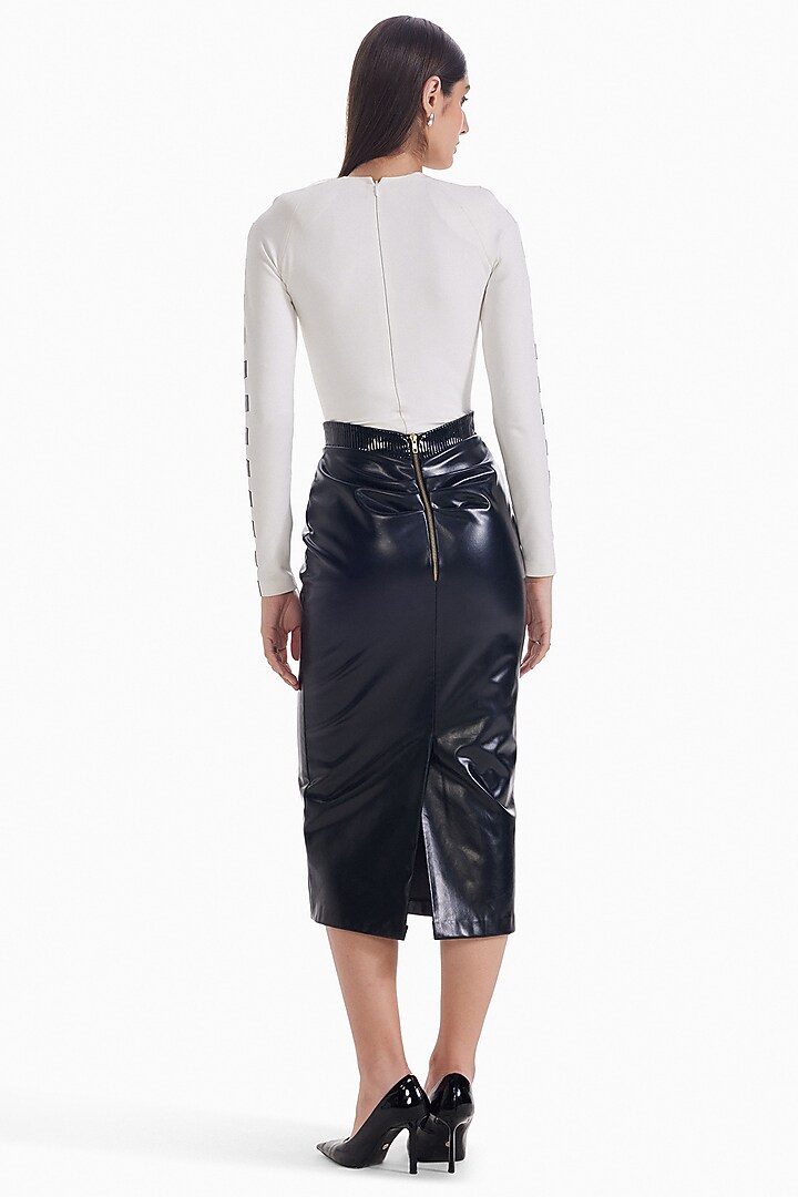 Black Faux Leather Midi Skirt by Sameer Madan at Pernia's Pop Up Shop