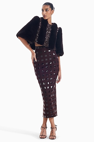 Brown Luxury Jersey Pencil Midi Skirt by Sameer Madan