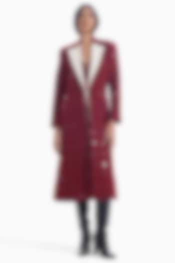 Maroon Luxury Twill Applique Trench Coat by Sameer Madan at Pernia's Pop Up Shop