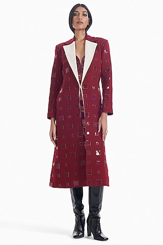 Maroon Luxury Twill Applique Trench Coat by Sameer Madan
