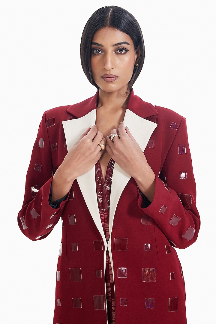 Maroon Luxury Twill Applique Trench Coat by Sameer Madan at Pernia's Pop Up Shop