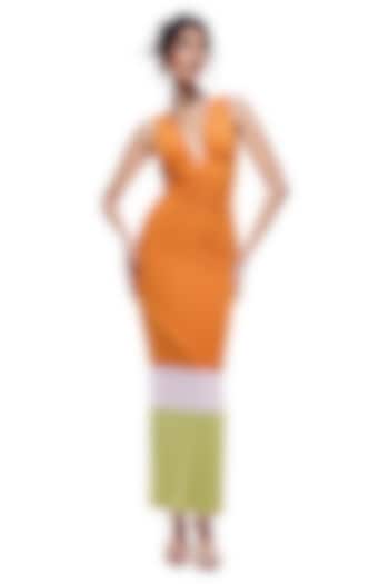 Orange Luxury Crepe & Faux Leather Midi Bodycon Vacation Dress by Sameer Madan at Pernia's Pop Up Shop