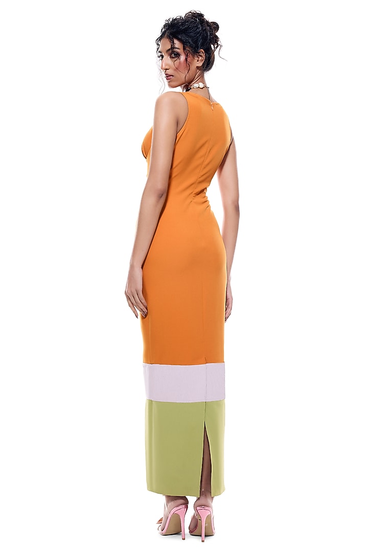 Orange Luxury Crepe & Faux Leather Midi Bodycon Vacation Dress by Sameer Madan at Pernia's Pop Up Shop