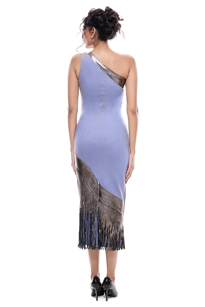 Periwinkle Blue Faux Leather & Jersey One-Shoulder Bodycon Vacation Dress by Sameer Madan at Pernia's Pop Up Shop