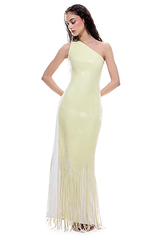 Lime Jersey & Faux Leather Bodycon One-Shoulder Gown by Sameer Madan